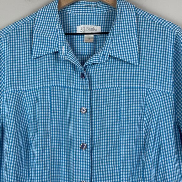 Christopher & Banks Shirt Womens 1X Blue Gingham Check Short Sleeve Button Front - Picture 3 of 8